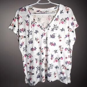 Lucky Brand White Floral V-Neck Blouse – Short Sleeve Casual Top, Women's Size M